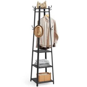 Modern Farmhouse Black Metal Coat Rack Entryway Hall Tree with Grey Wood Shelves