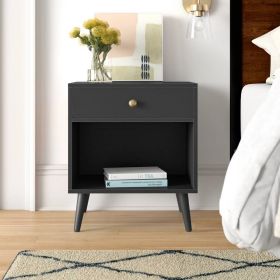 Mid-Century Farmhouse 1-Drawer Nightstand with Open Shelf in Black Wood Finish