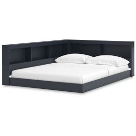 Twin size Blue Wooden Corner Storage Bed with Bookcase Headboard and USB Ports
