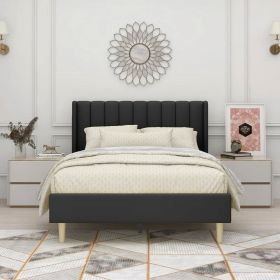 Full size Mid-Century Black Linen Platform Bed Frame with Upholstered Headboard