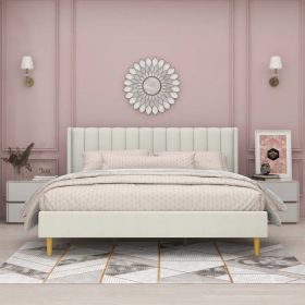 King Mid-Century Platform Bed Frame with Cream Velvet Upholstered Headboard