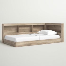 Twin size Natural Wood Corner Storage Bed with Bookcase Headboard and USB Ports