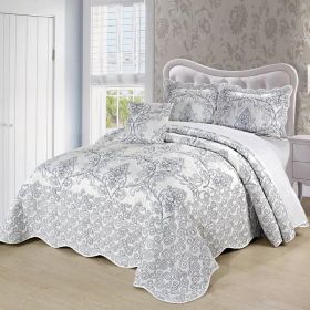 Queen size White Damask Embroidered 4 Piece Oversized Bedspread Set