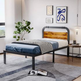 Twin size Heavy Duty Black Metal Bed Frame with Solid Wood Panel Headboard