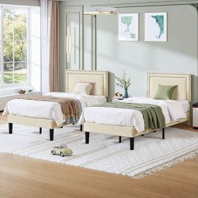 Twin Size - Set of 2  - Dorm Style Beige Tufted Upholstered Platform Beds