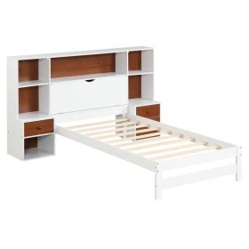 Twin Bed Frame with White Walnut Bookcase Storage Headboard and 2 Nightstands