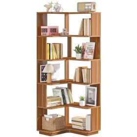 Multifunctional 6 Shelf Corner L-Shaped Bookcase in Brown Wood Finish
