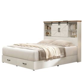 King - White Sliding Barn Door Bookcase Wooden Platform Bed Storage Drawers