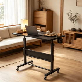 Adjustable Height Mobile Standing Desk Rolling Laptop Desk with Cup Holder And Storage Basket for Home Office