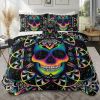 4 pcs Rainbow Sugar Skull Comforter Set, Psychedelic Mandala Skull Bedding Set, Colorful Neon Skull with Geometric Pattern Bedspread