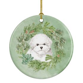 Bichon Frise Christmas Wreath Ceramic Ornament Christmas Tree Hanging Decorations for Home Christmas Holiday, Party, Gift, 3 in, Multicolor