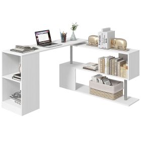 55" Corner Computer Desk, 360Â° Rotating L-Shaped Desk, Home Office Workstation with 3-Tier Shelves, Bookshelf, White