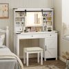 Vanity Desk Set with Mirror and Lights, Cushioned Stool, Storage Drawer, Cabinet, Shelves for Bedroom, White