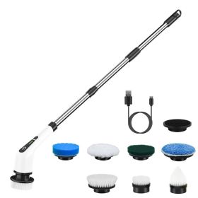 1Pc Electric Spin Scrubber Cordless Rechargeable Telescopic Cleaning Brush 8 Replaceable Heads 2 Speed Adjustable Extension Arm Bathroom Tub Tile (Option: White)