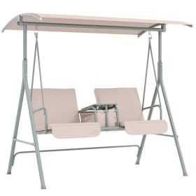 2-Seater Outdoor Porch Swing With Canopy And Table, Patio Swing Chair For Garden, Poolside, Backyard, Beige (Option: Beige)