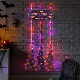 Halloween Decorations Broom Parking Sign with 3 Witch Brooms â€“ Themed Wooden Sign Porch Decor for Indoor Outdoor Door Home Wall Halloween Party (Color: Orange Purple Orange Lights)