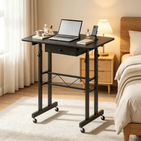 Height Adjustable Laptop Desk with Fabric Drawer Tablet Holder And Lockable Wheels for Home Office Use (Color: Black)